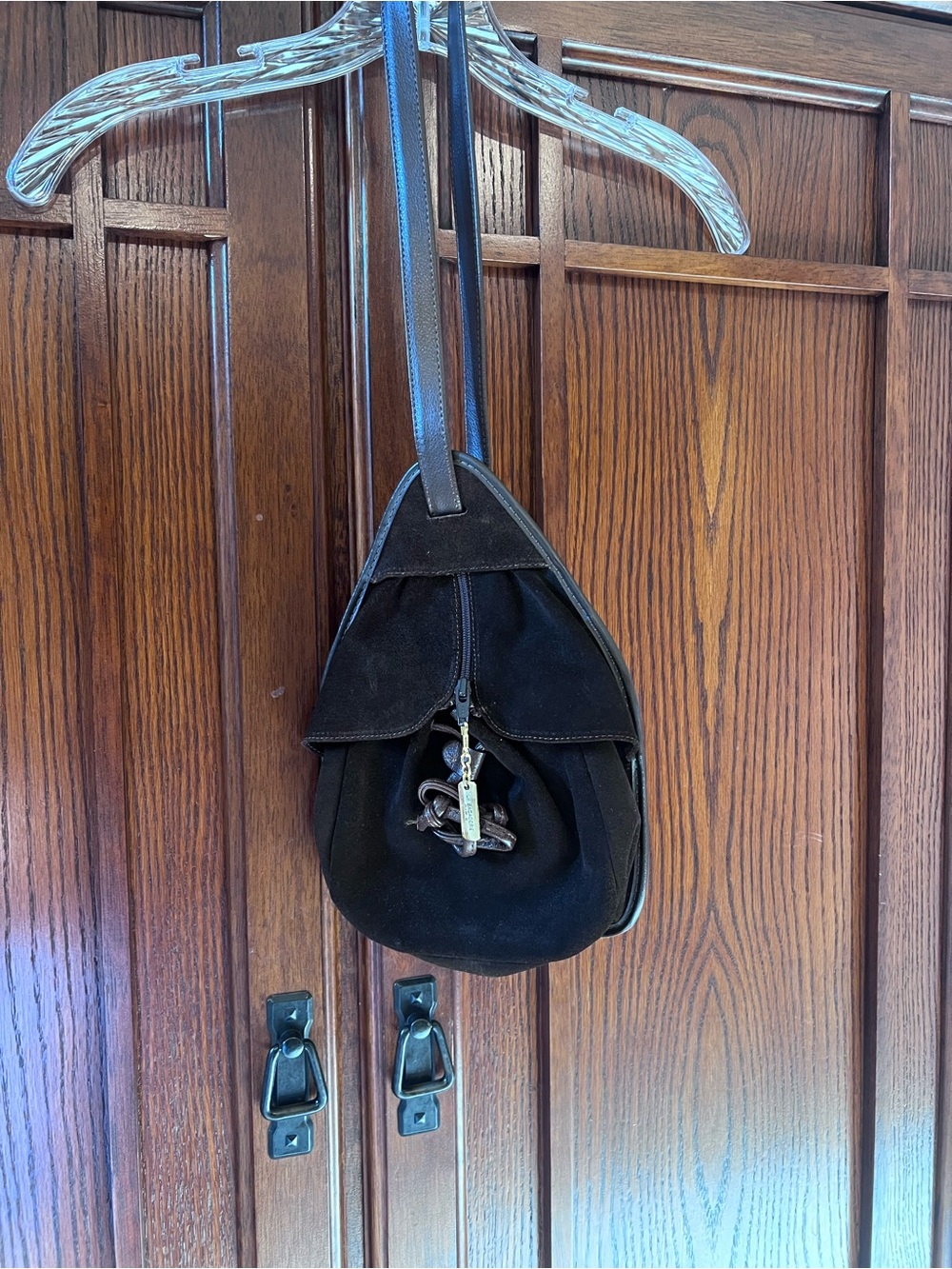 Vtg La Bagagerie Paris Black Suede Leather Teardrop Sling BackpackBag France Y2K